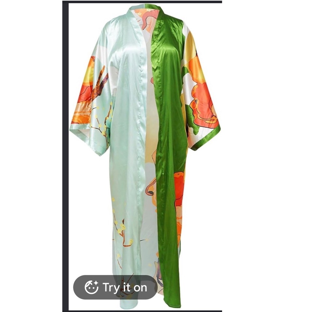 Women's Satin Floral Long Kimono Robe Green Mint Colorblock Duster One Size Boho